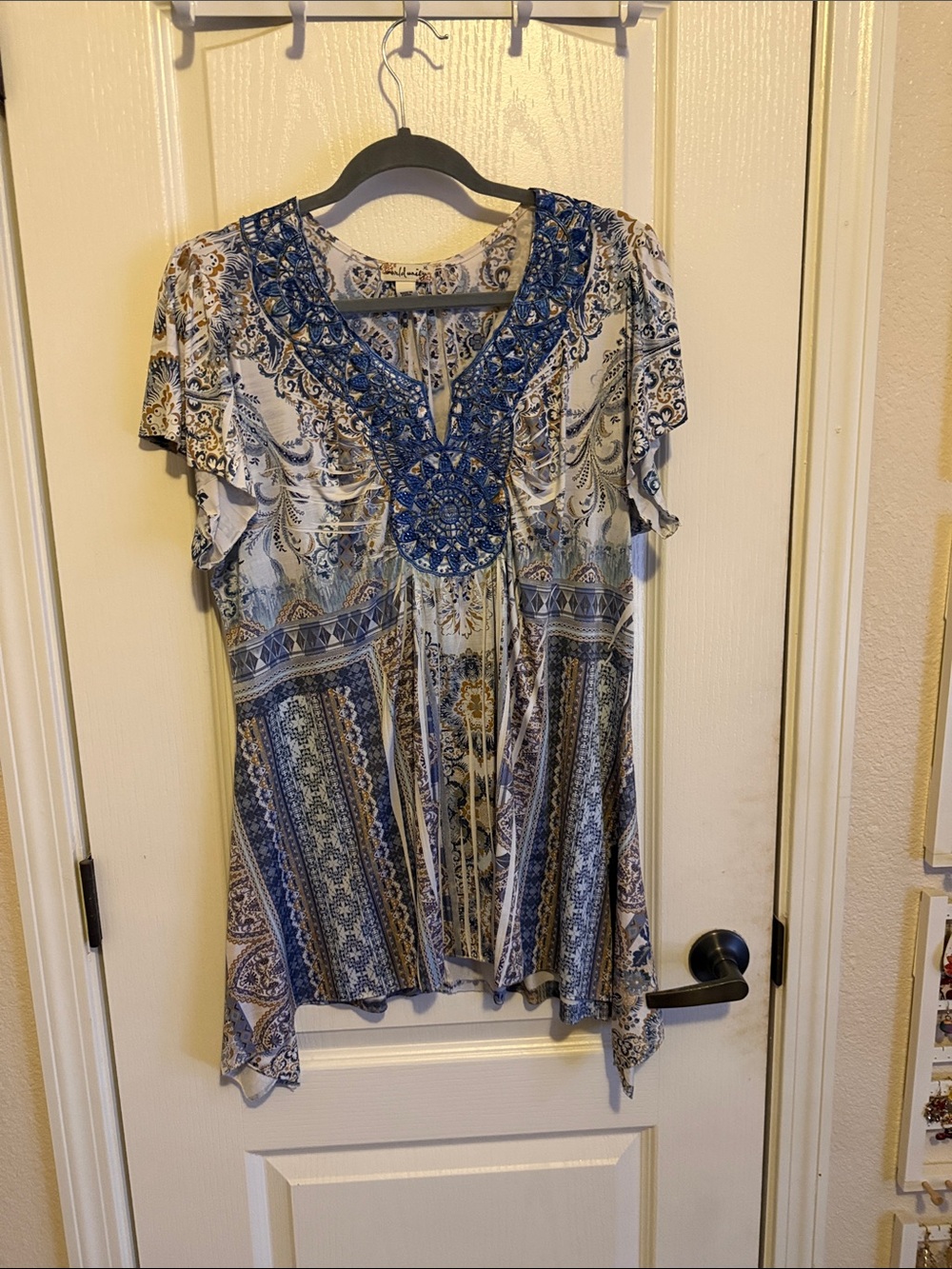 Paisley Embroidered V-Neck Tunic Top in Blue and Cream